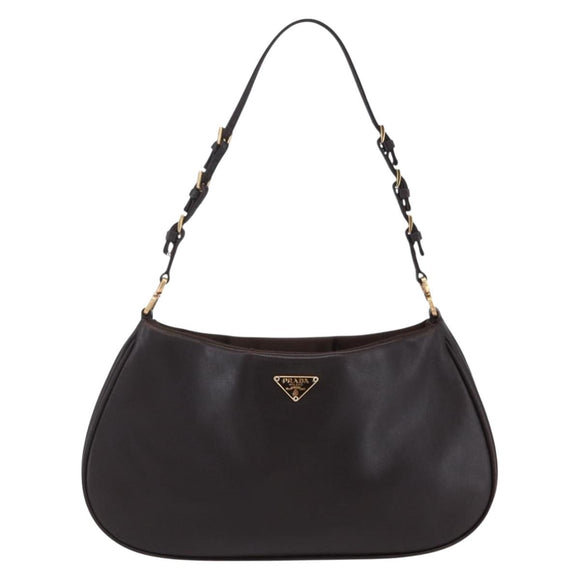 PRADA Accessory Pouch Leather Dark Brown Gold Auth 149220V