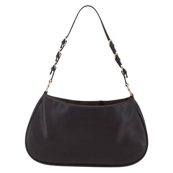 PRADA Accessory Pouch Leather Dark Brown Gold Auth 149220V