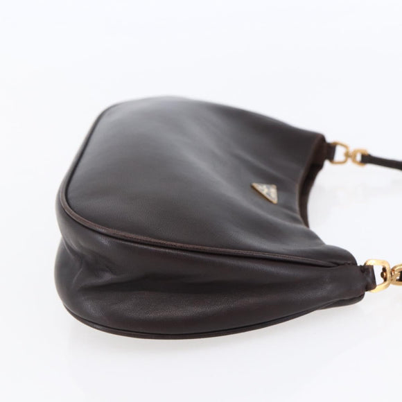 PRADA Accessory Pouch Leather Dark Brown Gold Auth 149220V