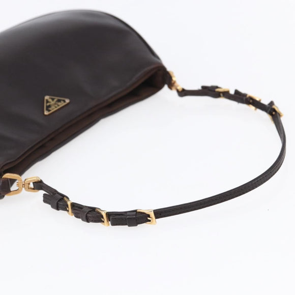 PRADA Accessory Pouch Leather Dark Brown Gold Auth 149220V