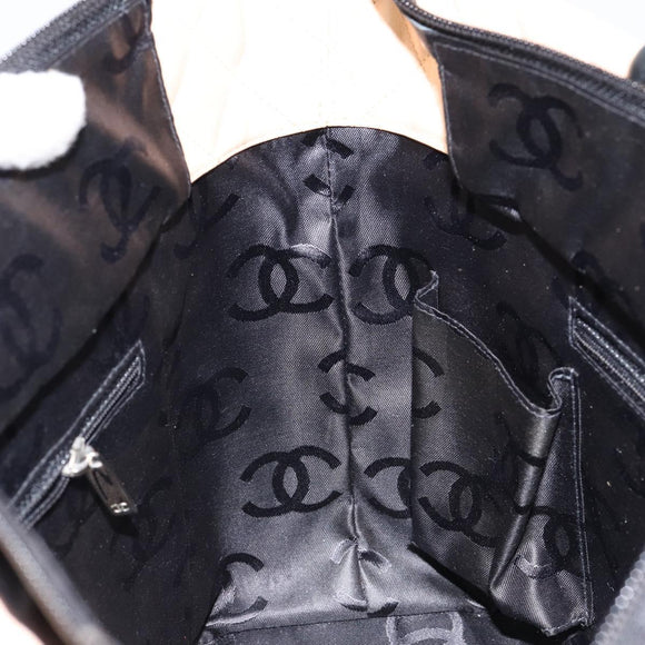 CHANEL Cambon Line Matelasse Tote Bag Lamb Skin Beige Silver CC Auth 149221