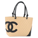 CHANEL Cambon Line Matelasse Tote Bag Lamb Skin Beige Silver CC Auth 149221-1