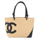 CHANEL Cambon Line Matelasse Tote Bag Lamb Skin Beige Silver CC Auth 149221-13