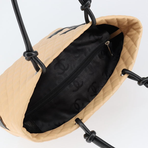 CHANEL Cambon Line Matelasse Tote Bag Lamb Skin Beige Silver CC Auth 149221