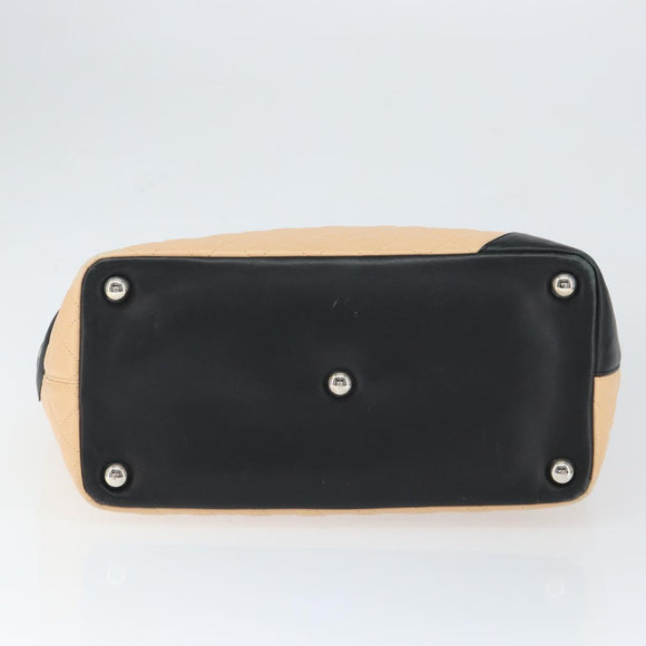 CHANEL Cambon Line Matelasse Tote Bag Lamb Skin Beige Silver CC Auth 149221