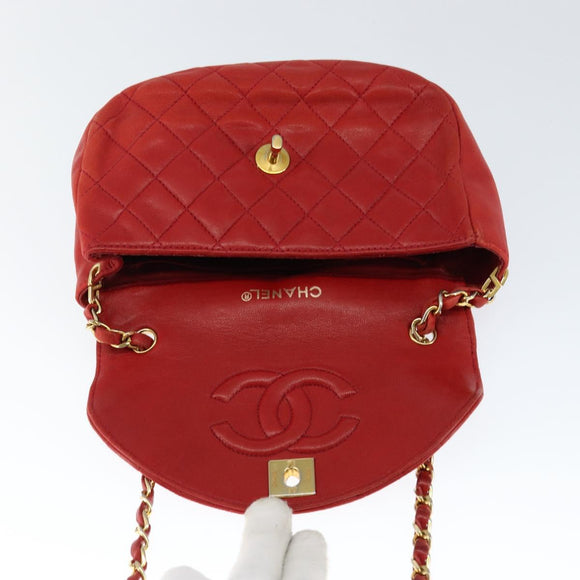 CHANEL Matelasse Chain Shoulder Bag Lamb Skin Red Gold CC Auth 149223