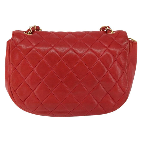 CHANEL Matelasse Chain Shoulder Bag Lamb Skin Red Gold CC Auth 149223