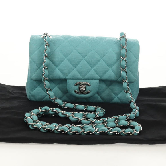 CHANEL Matelasse 20 Chain Bag Cotton Turquoise Blue Silver CC Auth 149236SAM