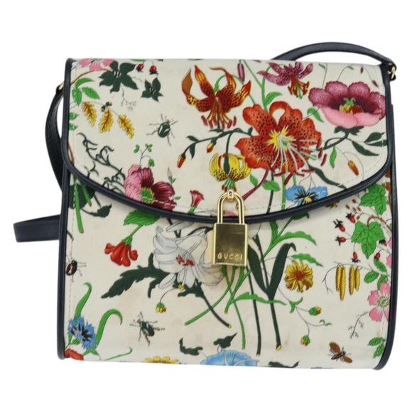 GUCCI Flora Shoulder Bag Canvas White Gold Auth 149250