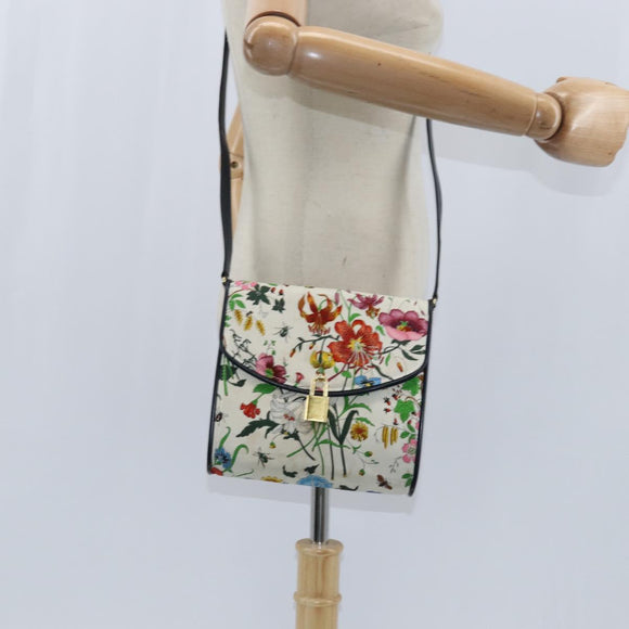 GUCCI Flora Shoulder Bag Canvas White Gold Auth 149250