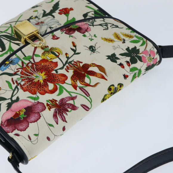 GUCCI Flora Shoulder Bag Canvas White Gold Auth 149250