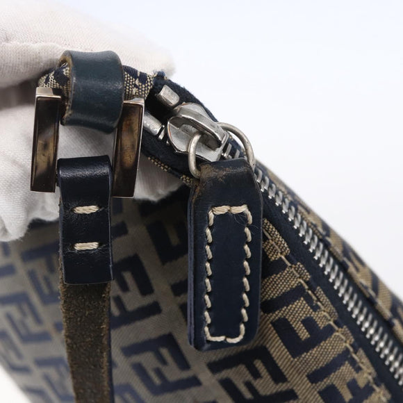 FENDI Zucchino Canvas Shoulder Bag Navy Silver Auth 149264