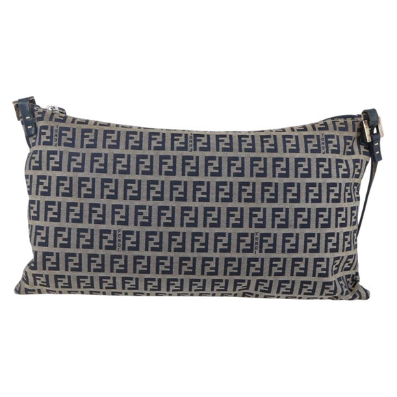 FENDI Zucchino Canvas Shoulder Bag Navy Silver Auth 149264