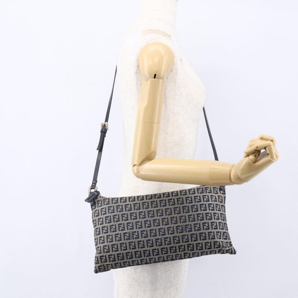 FENDI Zucchino Canvas Shoulder Bag Navy Silver Auth 149264
