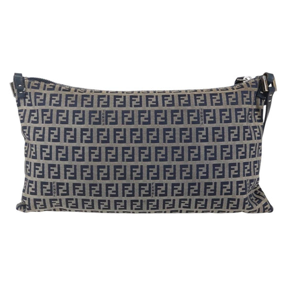FENDI Zucchino Canvas Shoulder Bag Navy Silver Auth 149264