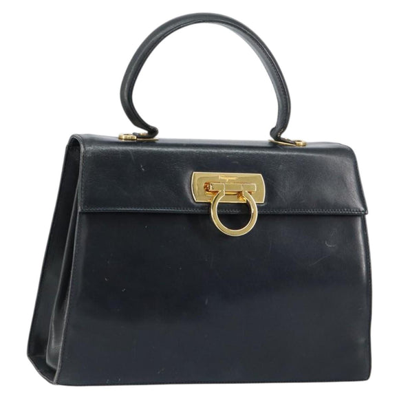 Salvatore Ferragamo Gancini Hand Bag Enamel Navy Gold Auth 149268