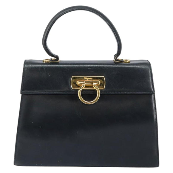 Salvatore Ferragamo Gancini Hand Bag Enamel Navy Gold Auth 149268