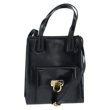 Salvatore Ferragamo Gancini Hand Bag Enamel 2way Black Gold Auth 149269