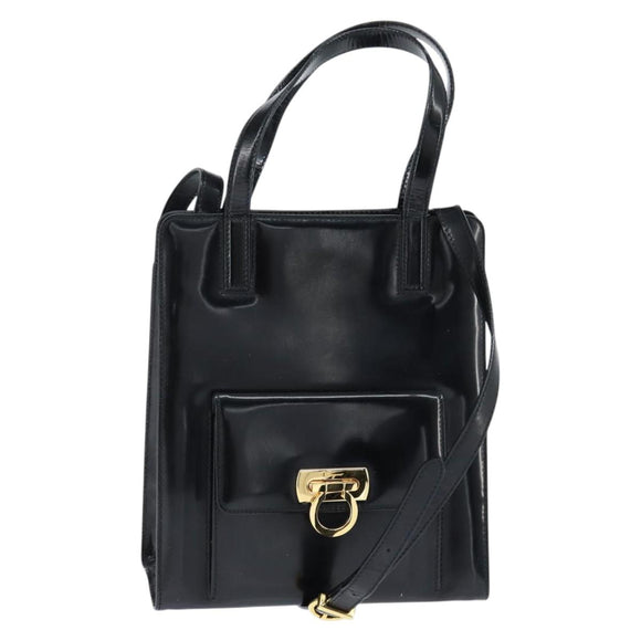 Salvatore Ferragamo Gancini Hand Bag Enamel 2way Black Gold Auth 149269