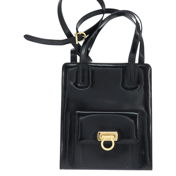Salvatore Ferragamo Gancini Hand Bag Enamel 2way Black Gold Auth 149269