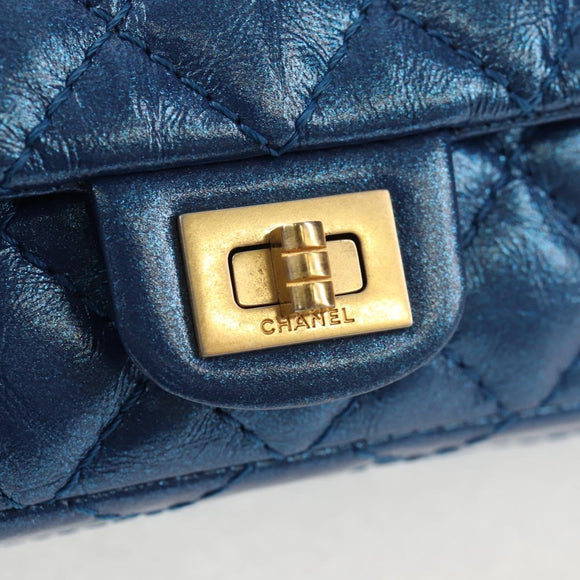 CHANEL 2.55 Matelasse Chain Shoulder Bag Calf Skin Blue Gold CC Auth 149291M