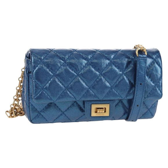 CHANEL 2.55 Matelasse Chain Shoulder Bag Calf Skin Blue Gold CC Auth 149291SM