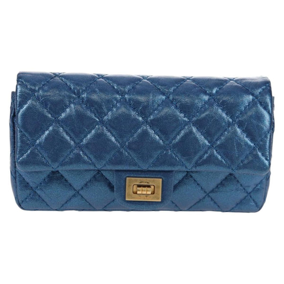 CHANEL 2.55 Matelasse Chain Shoulder Bag Calf Skin Blue Gold CC Auth 149291M