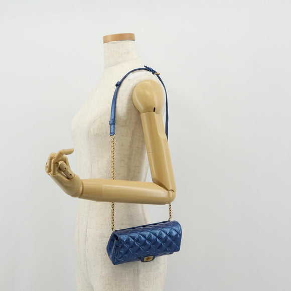 CHANEL 2.55 Matelasse Chain Shoulder Bag Calf Skin Blue Gold CC Auth 149291SM