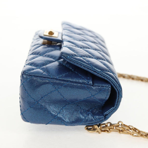 CHANEL 2.55 Matelasse Chain Shoulder Bag Calf Skin Blue Gold CC Auth 149291SM