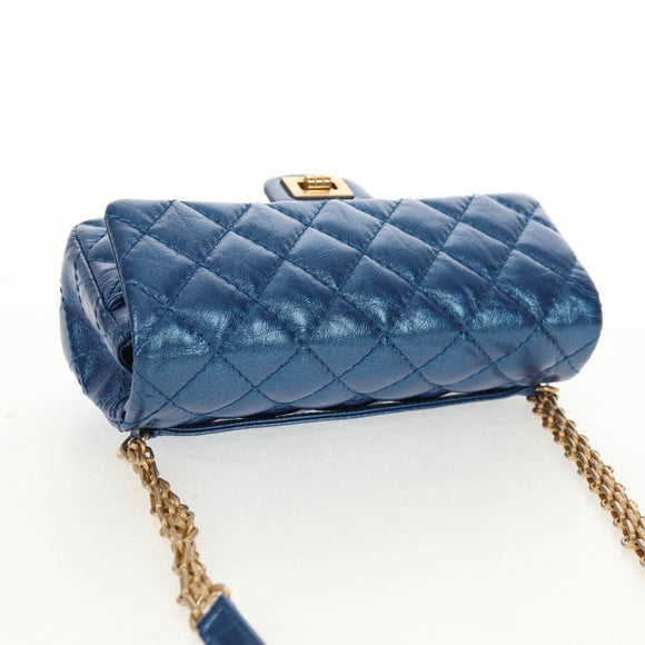 CHANEL 2.55 Matelasse Chain Shoulder Bag Calf Skin Blue Gold CC Auth 149291M