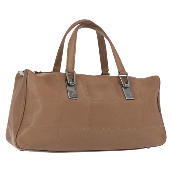 CHANEL Choco Bar Hand Bag Lamb Skin Brown Silver CC Auth 149307