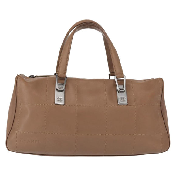 CHANEL Choco Bar Hand Bag Lamb Skin Brown Silver CC Auth 149307