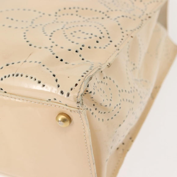 CHANEL Camelia Tote Bag Patent leather Beige Gold CC Auth 149325