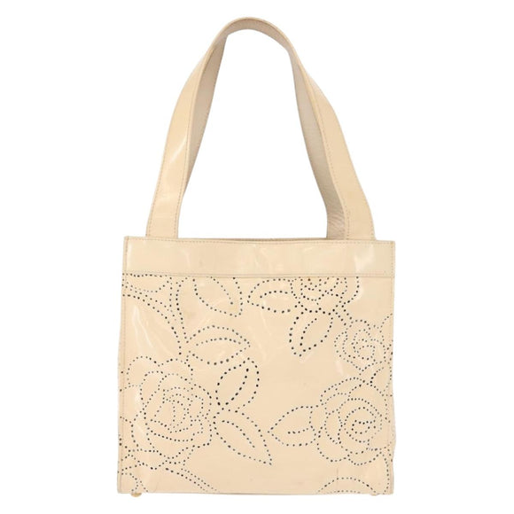 CHANEL Camelia Tote Bag Patent leather Beige Gold CC Auth 149325