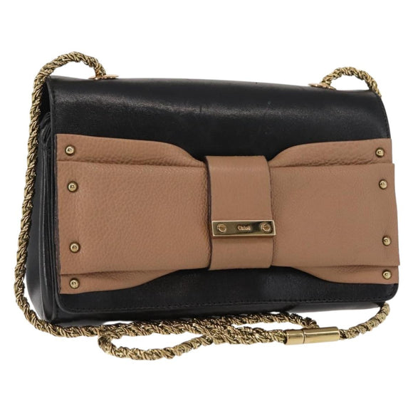Chloe Chain Shoulder Bag Leather Black Gold Auth 149333