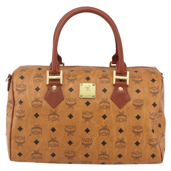 MCM Logogram Vicetos Boston Bag PVC Leather Brown Gold Auth 149334