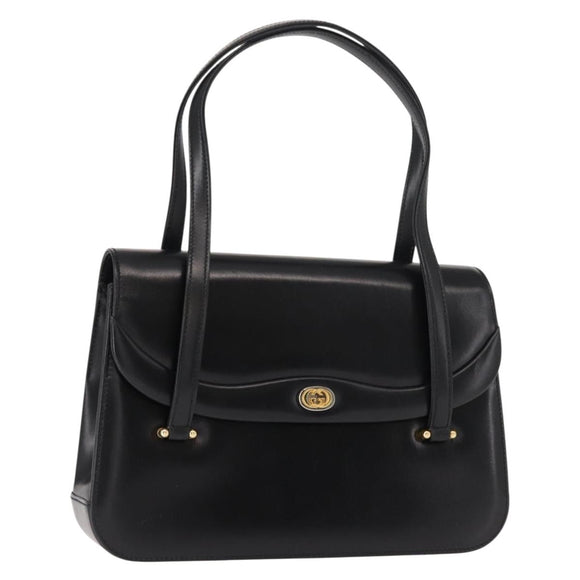 GUCCI Hand Bag Leather Black Gold Auth 149354