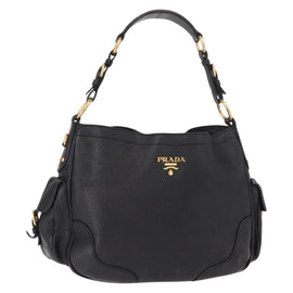 PRADA Shoulder Bag Leather Black Gold Auth 149362