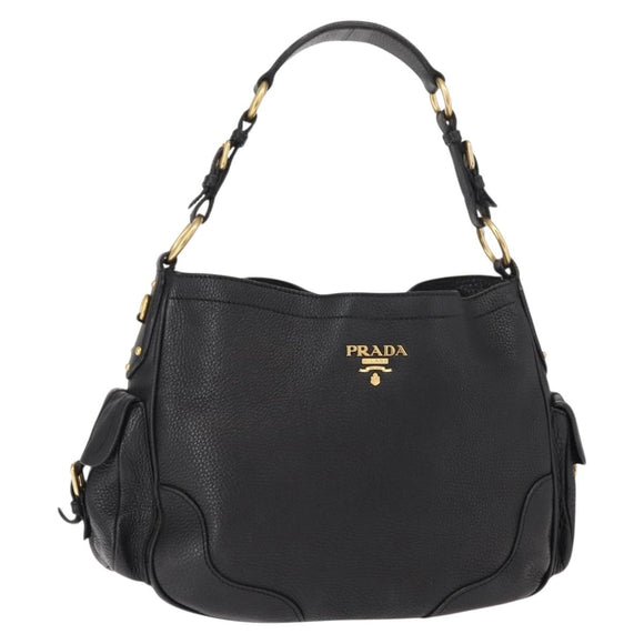 PRADA Shoulder Bag Leather Black Gold Auth 149362
