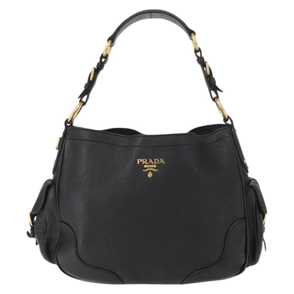 PRADA Shoulder Bag Leather Black Gold Auth 149362