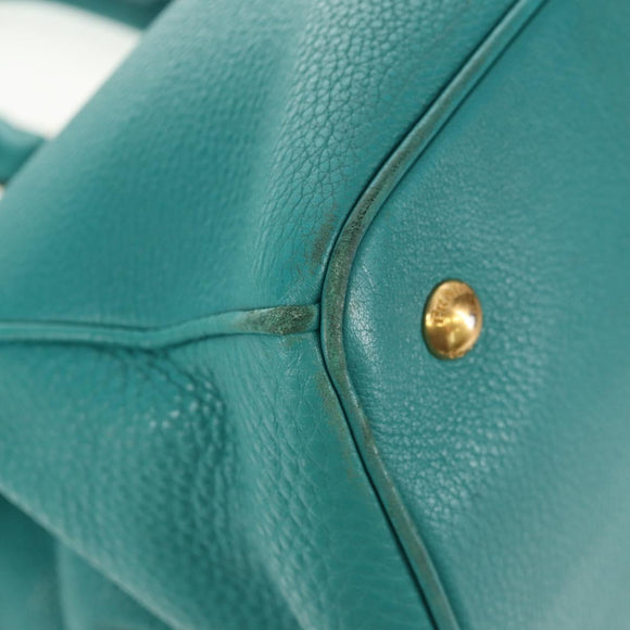 PRADA Hand Bag Leather 2way Gold Emerald Green Auth 149365