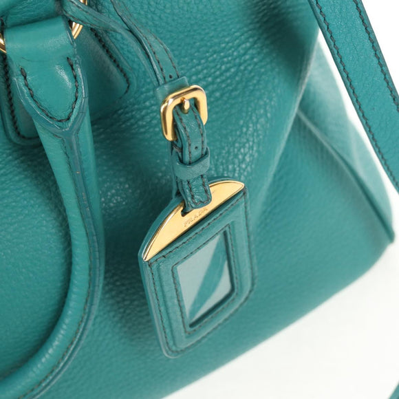 PRADA Hand Bag Leather 2way Gold Emerald Green Auth 149365
