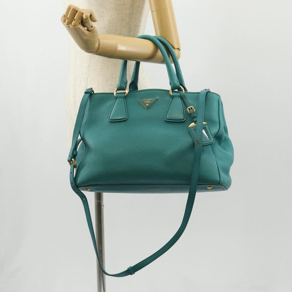 PRADA Hand Bag Leather 2way Gold Emerald Green Auth 149365