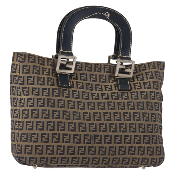 FENDI Zucchino Canvas Hand Bag Navy Silver Auth 149376