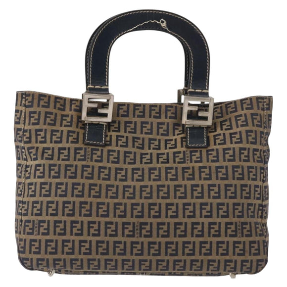 FENDI Zucchino Canvas Hand Bag Navy Silver Auth 149376
