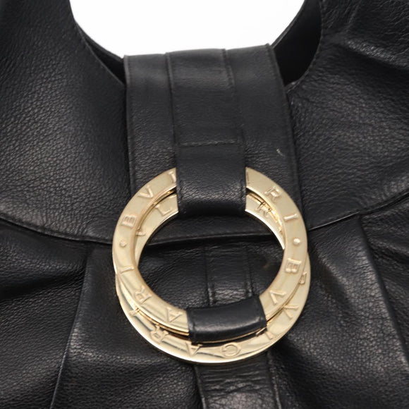 BVLGARI Chandra Hand Bag Leather Black Gold Auth 149392