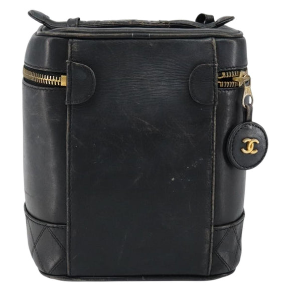CHANEL Bicolore Vanity Bag Lamb Skin Black Gold CC Auth 149400