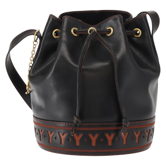 SAINT LAURENT Y Motif Shoulder Bag Leather Black Gold Auth 149413
