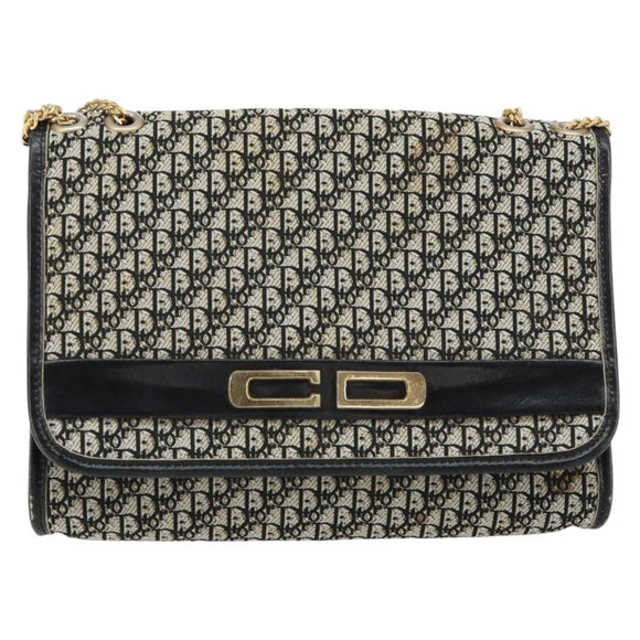 Christian Dior Trotter Canvas Chain Shoulder Bag Black Gold Auth 149437