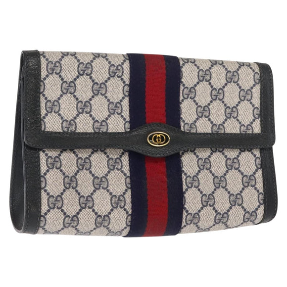 GUCCI GG Supreme Sherry Line Clutch Bag PVC Leather Navy 84 01 006 Auth 149456